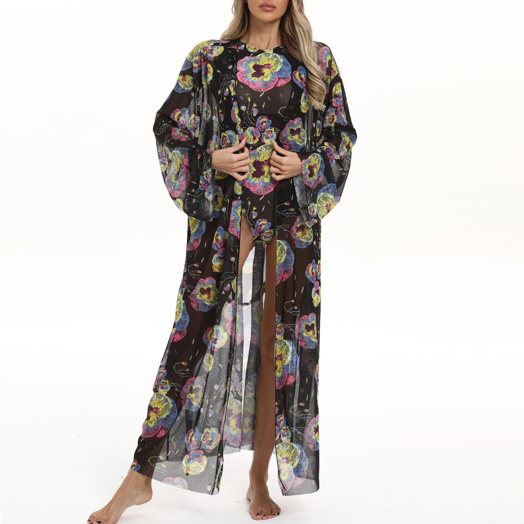 Damen Transparenter Strandkimono mit floralen Mustern EB