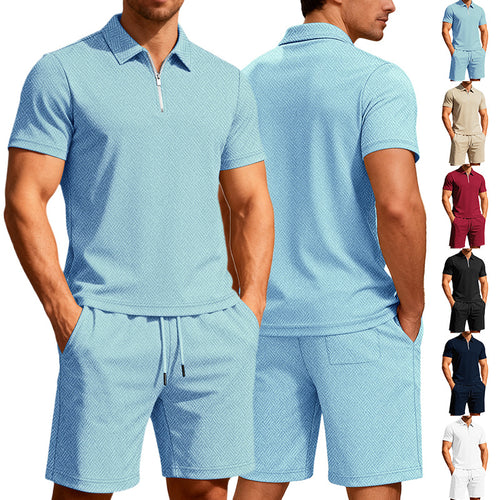 Herren nan komfortables Lounge-Zweiteiler aus strukturierter Baumwollmischung mit Halbzip-Poloshirt und Kordel-Shorts EB