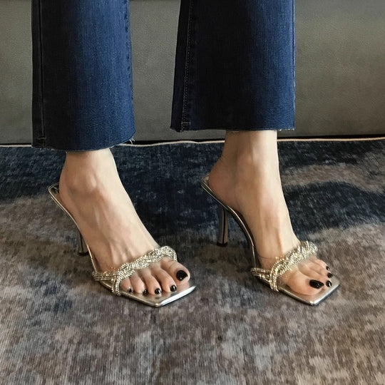 Damen glamouröse High Heel Mules mit funkelnden Strassverzierungen EB