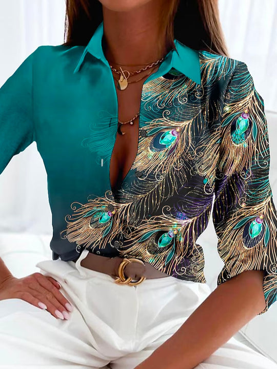 Damen Elegantes Hemd mit Pfauenmuster und modernen Akzenten EB