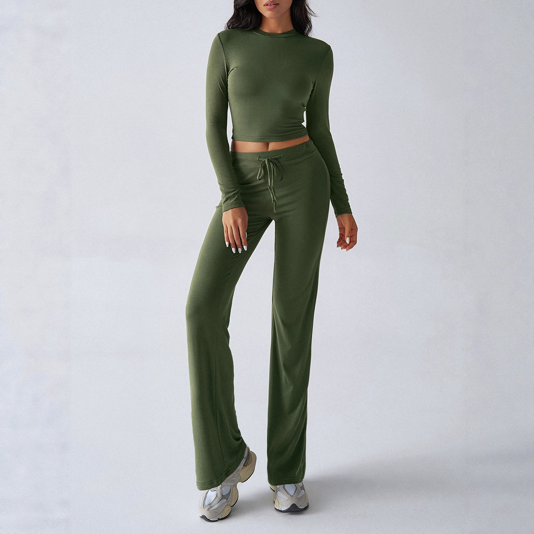 Damen Sportliches Lounge-Set mit langärmeligem Oberteil und weitem Hosenbein EB