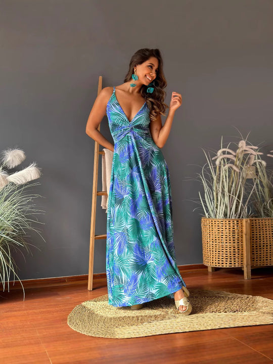 Damen Maxikleid mit tiefem V-Ausschnitt und kreativem Wickeldetail EB