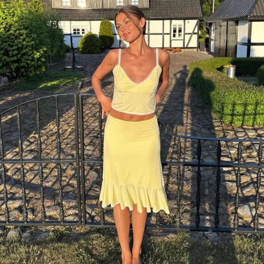 Damen Set aus Crop-Top und schwingendem Rock mit Spitzenakzenten EB