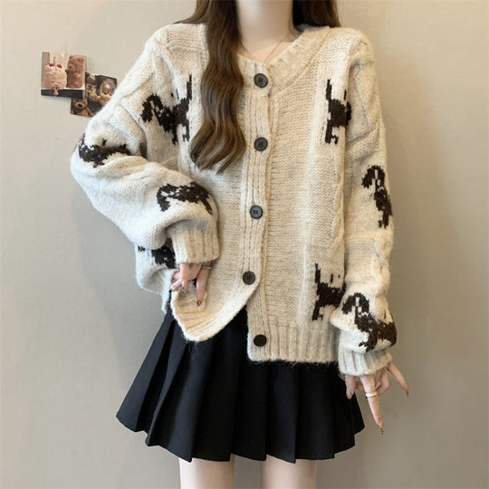 Damen Gemusterter Strickcardigan mit tierischem Motiv und bequemen Oversized-Schnitten EB
