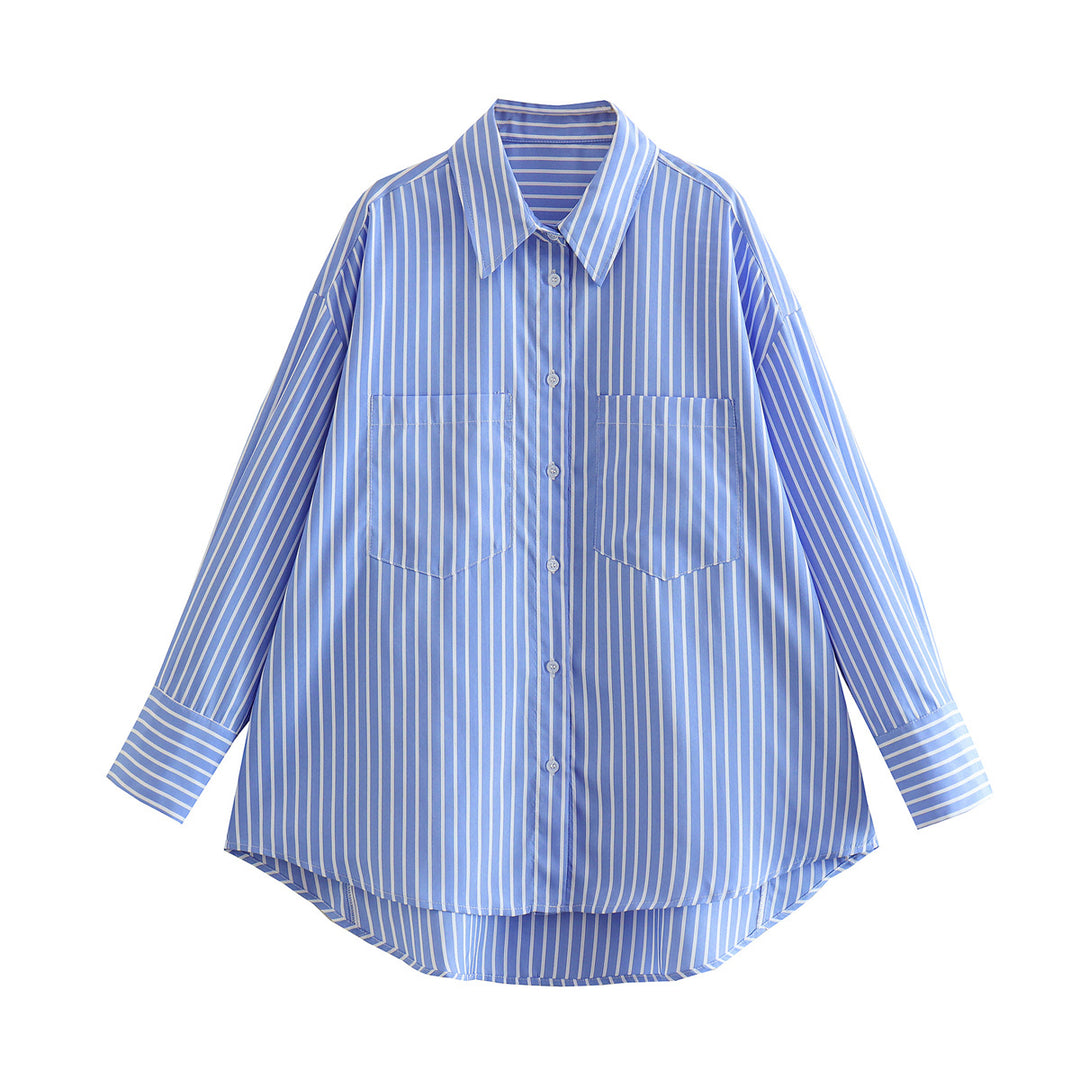 Damen lässige gestreifte Bluse mit klassischen Knopfdetails und Brusttaschen EB