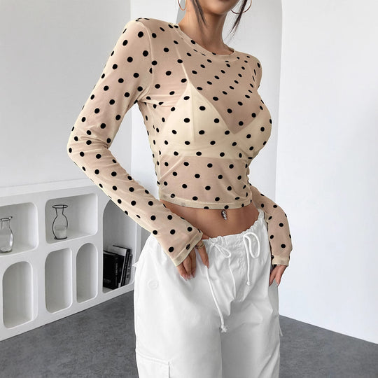 Damen nan bauchfreies Netzstoff-Oberteil mit Punktmuster und integriertem Bustier EB