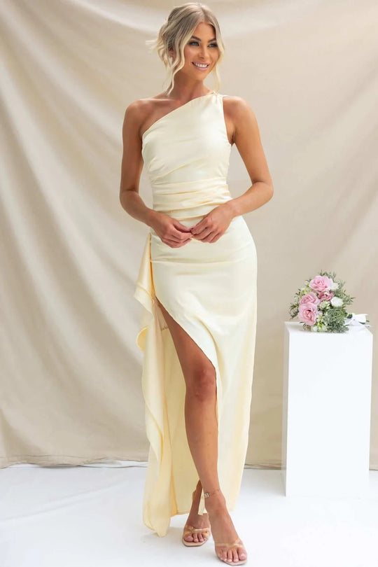 Damen One-Shoulder Maxikleid mit seitlichem Schlitz und elegantem Drapierungen EB