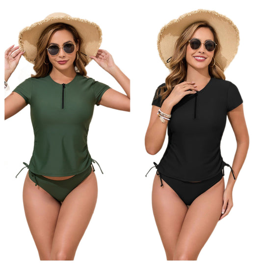 Damen Sportliches Rashguard-Bikini-Set mit verstellbaren Seiten EB
