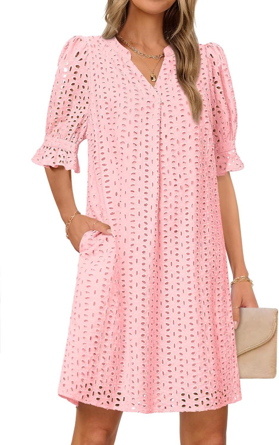 Damen luftiges Blumenkleid mit eleganten Lochdetails EB