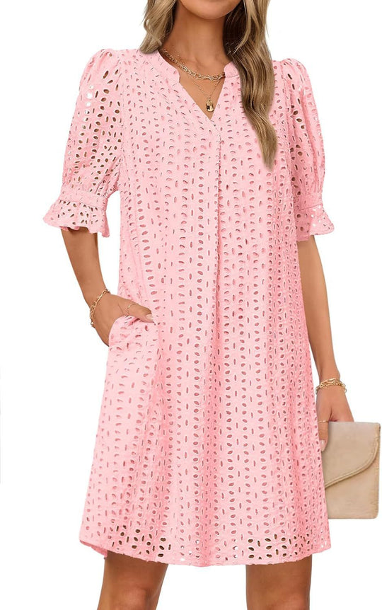 Damen luftiges Blumenkleid mit eleganten Lochdetails EB