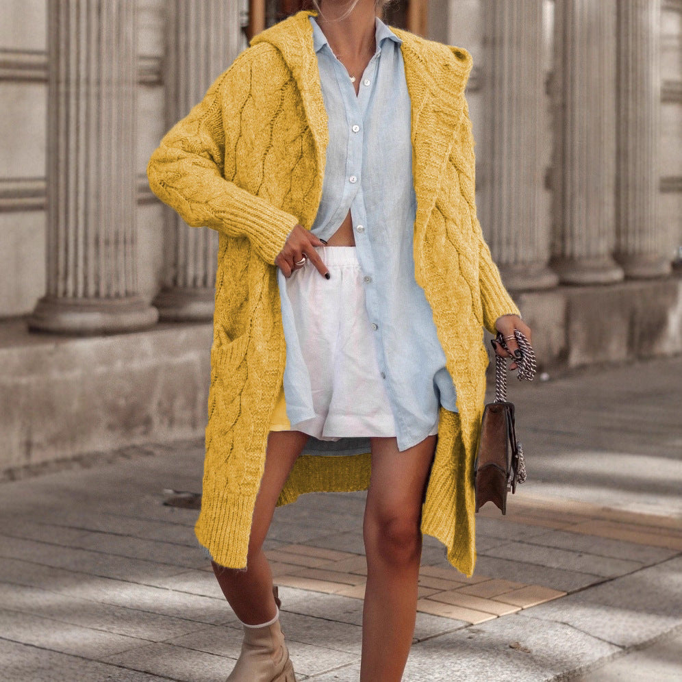 Damen Grobstrick-Cardigan mit offenem Schnitt und Kapuze EB
