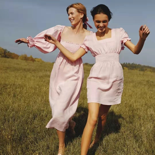 Damen Maxikleid mit Puffärmeln und elastischem Taillenbund EB