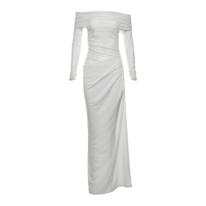 Damen Off-Shoulder Maxikleid mit figurbetonendem Design und Raffung EB