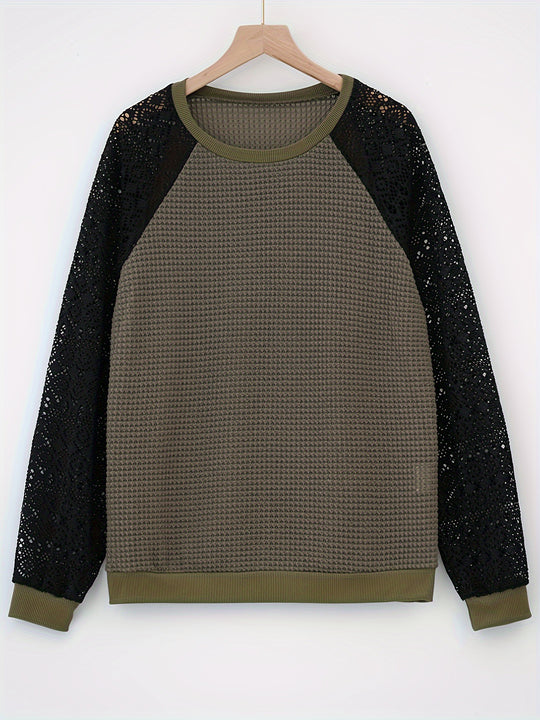 Damen nan Pullover mit Waffelstruktur, Raglanform und transparenter Spitzenärmel EB