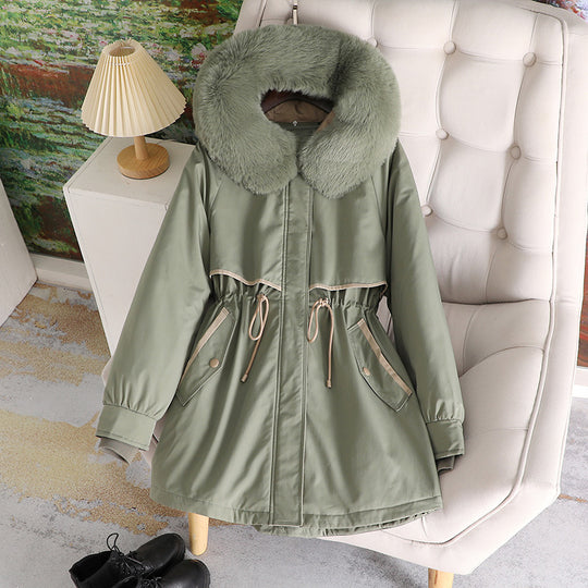 Damen modische Übergangsjacke mit abnehmbarem Kunstfellkragen und Taillenzug EB