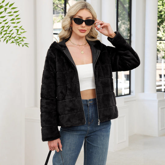 Damen Kuschelige Oversized-Fleecejacke mit Reißverschluss und Kapuze EB
