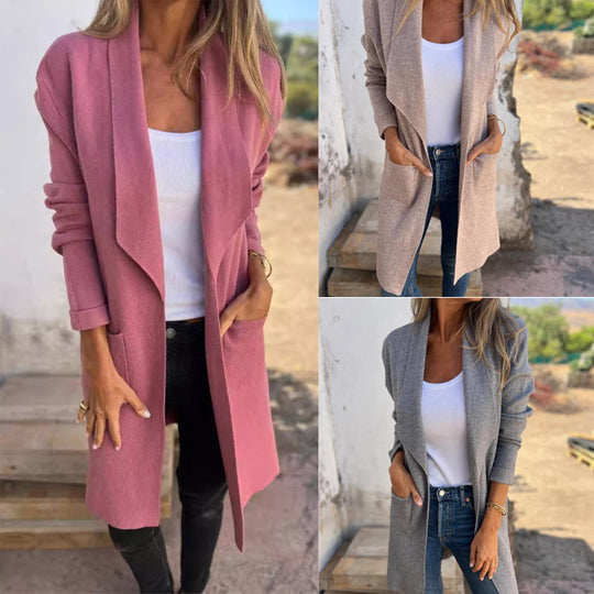Damen Langer Strickcardigan mit offenen Kanten und Taschen EB