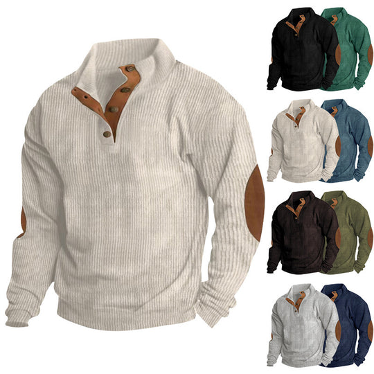 Herren Gerippter Henley-Pullover mit Stehkragen, Knopfleiste & Leder-Ellbogenpatches EB