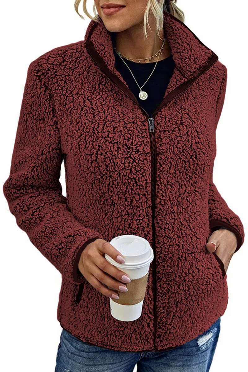 Damen kuschelige Fleecejacke mit hohem Kragen und praktischen Taschen EB