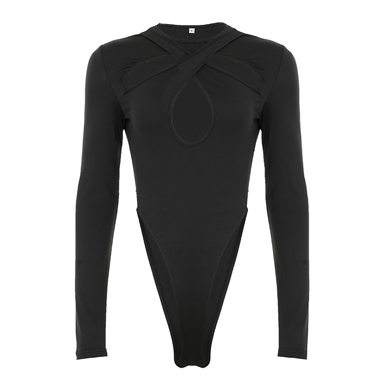 Damen Langarm Bodysuit mit raffiniertem Kreuz-Design und Hochbund EB