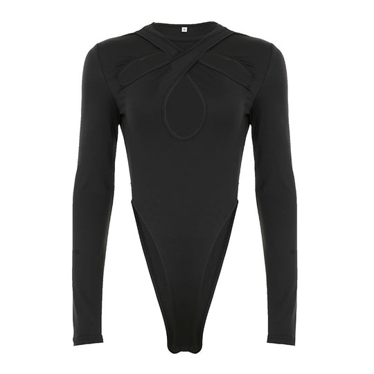 Damen Langarm Bodysuit mit raffiniertem Kreuz-Design und Hochbund EB