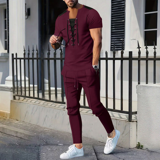 Herren modisches Kurzarm-Henley-T-Shirt mit strukturiertem Design und dekorativer Schnürung EB