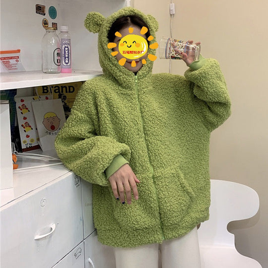 Damen kuschelige Fleecejacke mit Ohren und praktischen Eingrifftaschen EB