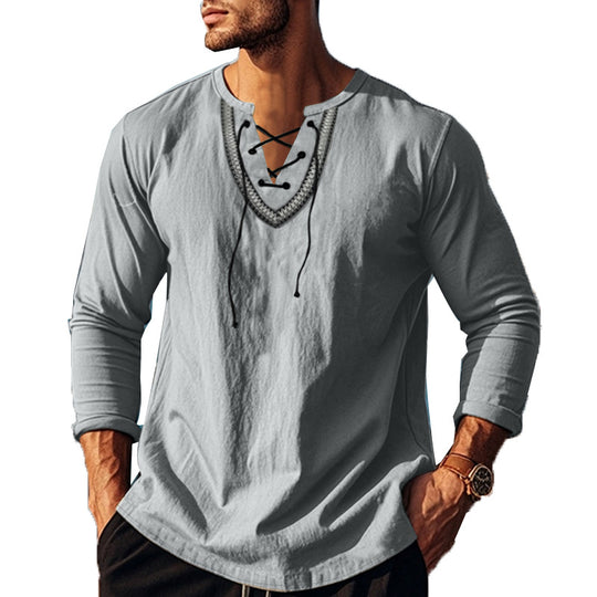 Herren Langarm-Henley-Shirt mit dekorativer Schnürung und lässigem Schnitt EB
