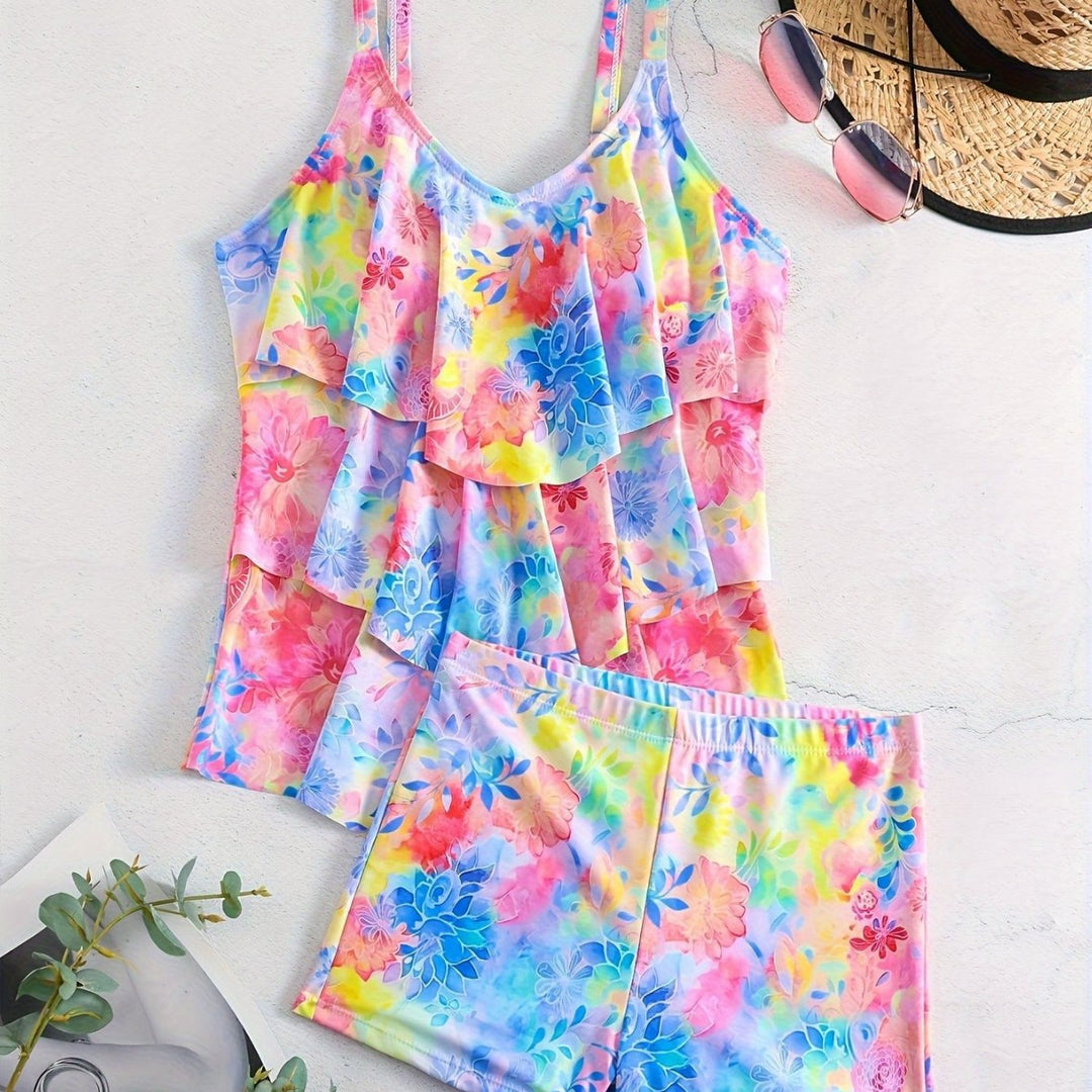 Damen Freizeit-Badeoberteil mit leichtem Rüschendesign und Shorts EB
