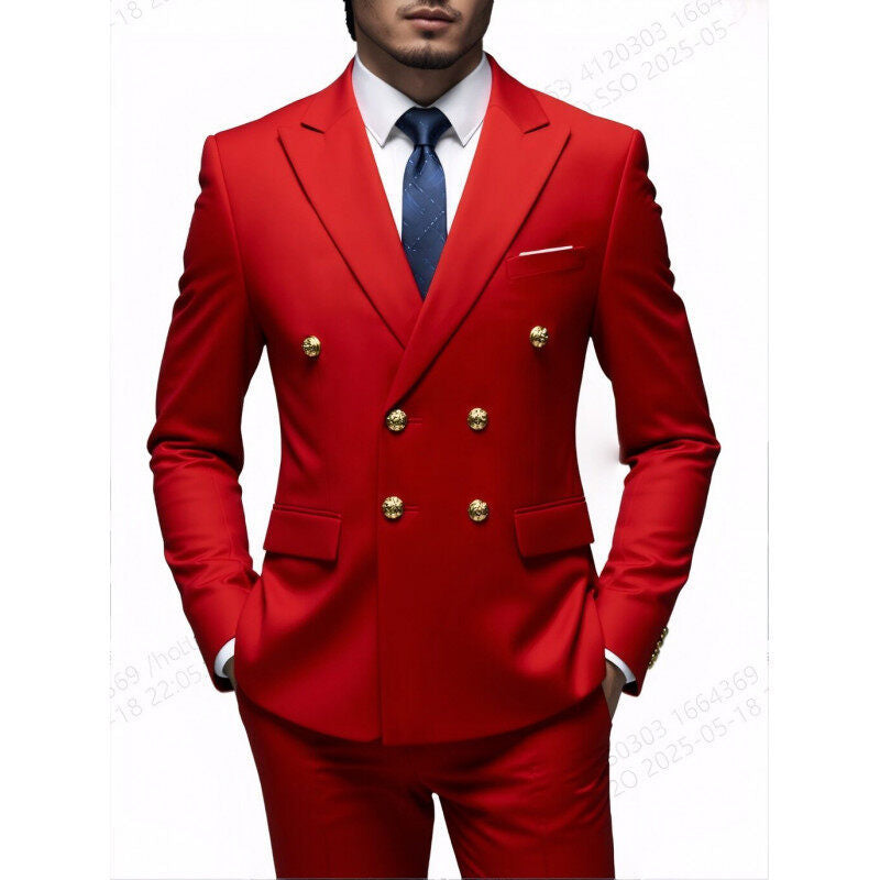 Herren nan doppelreihiger Slim-Fit Anzug mit goldenen Zierknöpfen und schmaler Businesshose EB