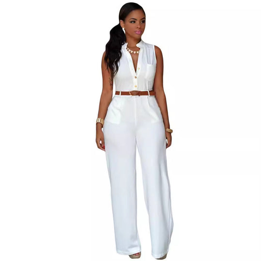 Damen Eleganter Jumpsuit mit Gürtel und Knopfdetail EB