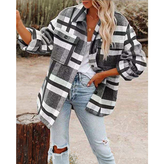 Damen nan karierte Overshirtjacke mit Brusttaschen und lockerer Passform EB