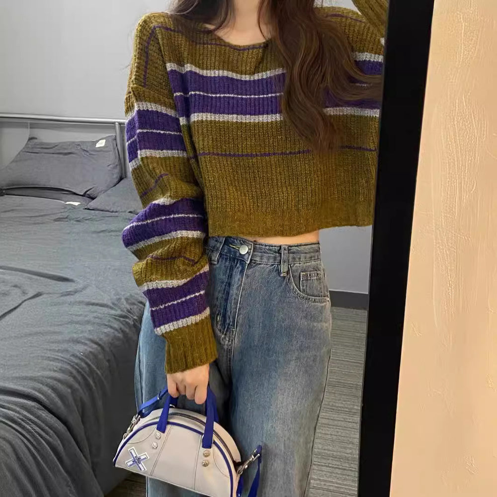 Damen kurz geschnittener Strickpullover mit horizontalem Streifenmuster EB