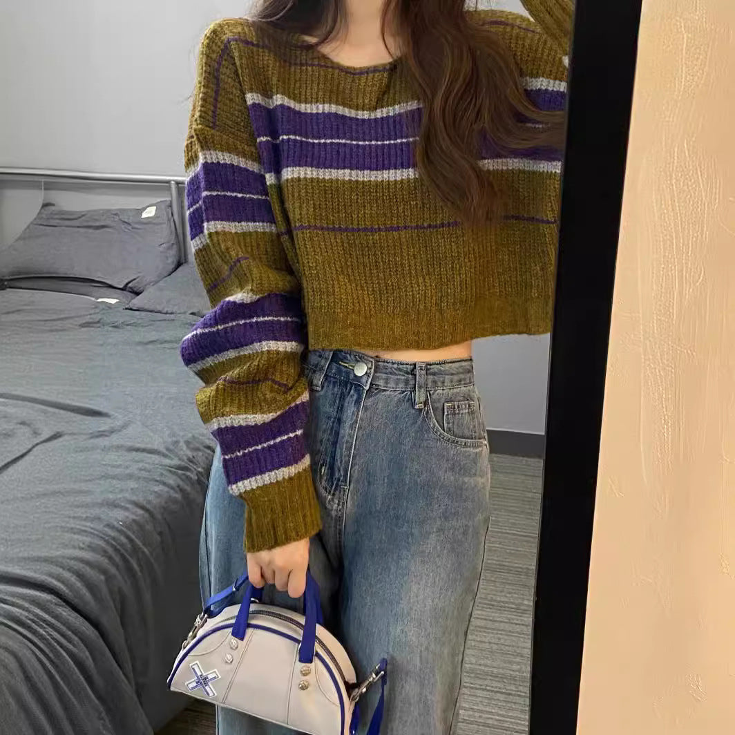 Damen kurz geschnittener Strickpullover mit horizontalem Streifenmuster EB