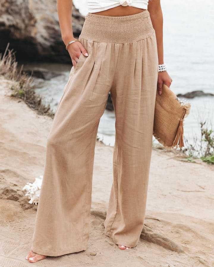 Damen Weite Leinenhose mit elastischem Bund und Falten EB
