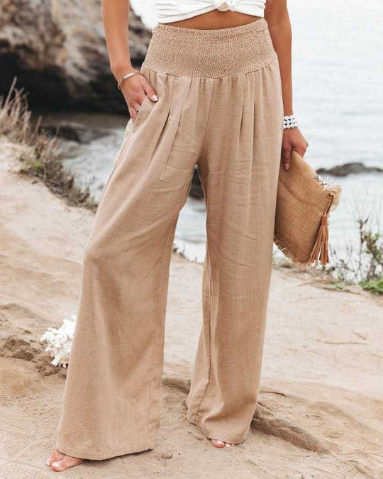 Damen Weite Leinenhose mit elastischem Bund und Falten EB