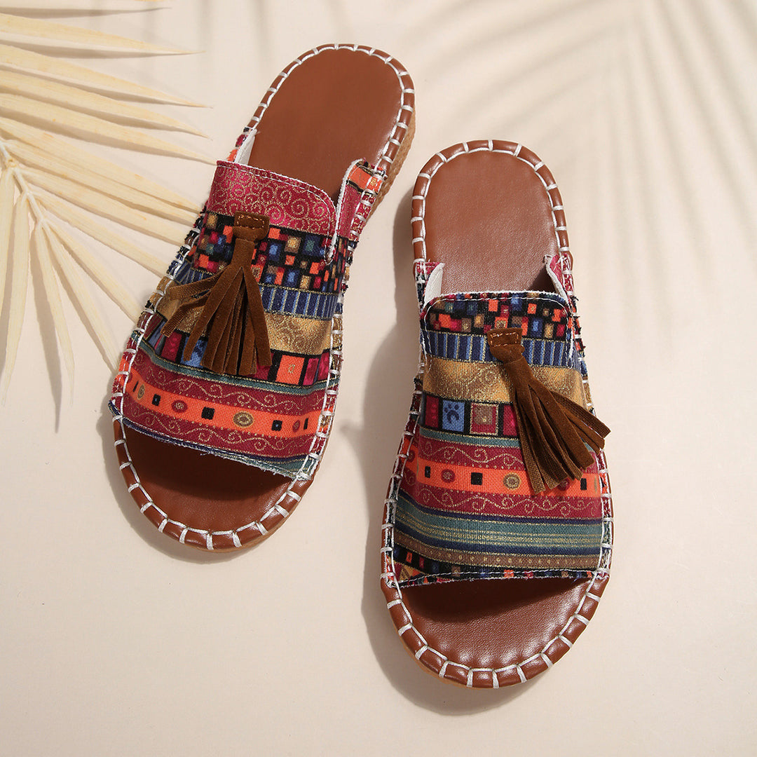 Damen Casual Slip-On Sandalen mit buntem Webdesign und Quasten EB