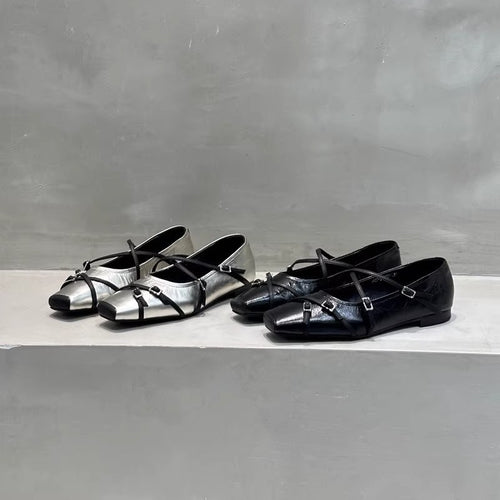 Damen elegante Ballerinas mit modischen Riemchen und exquisite Schnallenverzierung EB