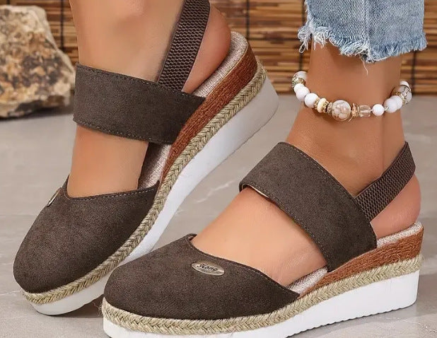 Damen Bequeme Espadrilles mit elastischen Riemen und dekorativem Bastbesatz EB