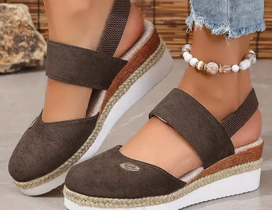 Damen Bequeme Espadrilles mit elastischen Riemen und dekorativem Bastbesatz EB