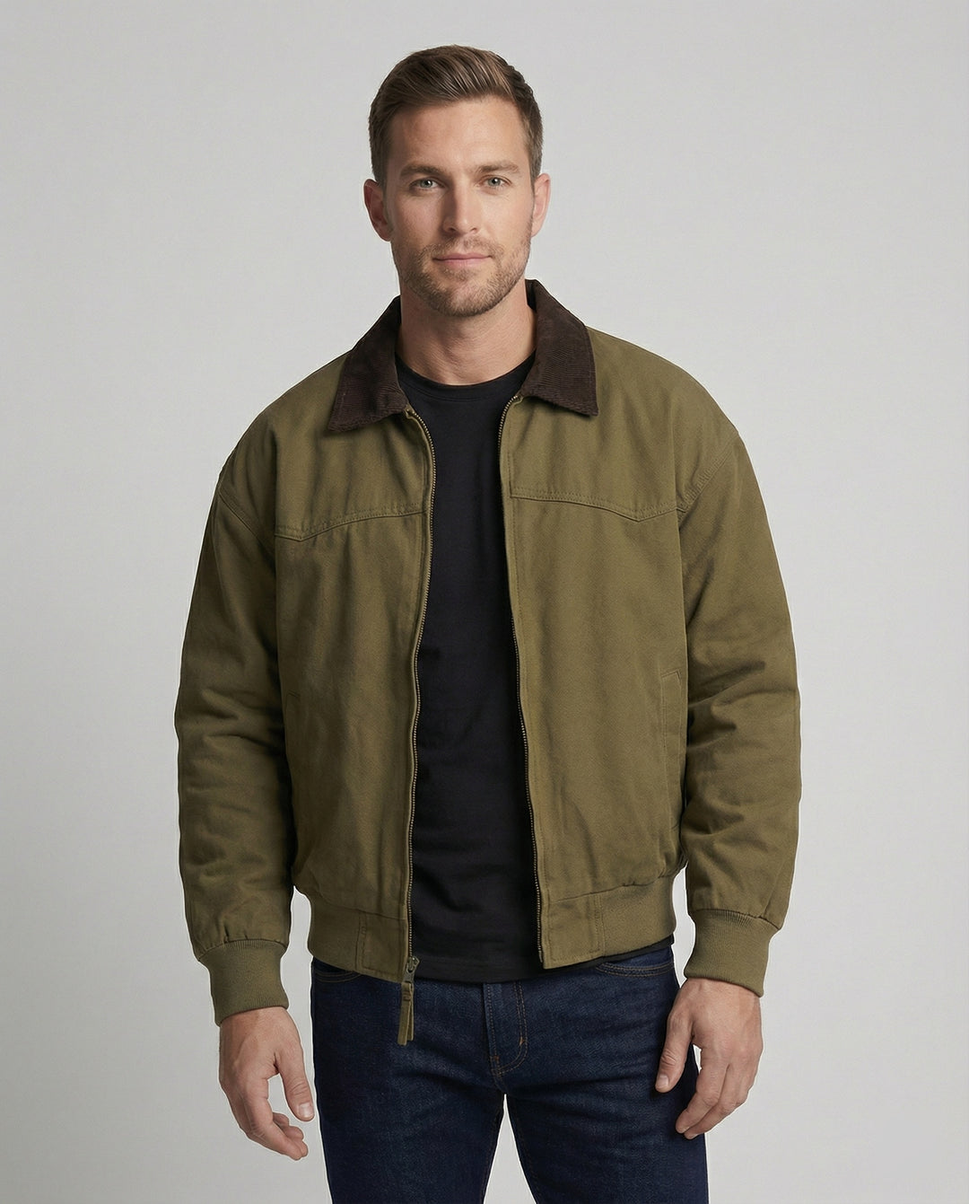 Herren robuster Canvas-Blouson mit Cordkragen und kariertem Steppfutter EB