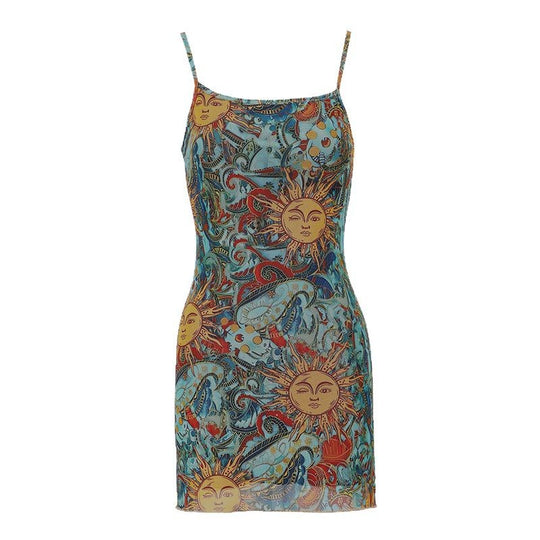 Damen Minikleid mit schickem Sonnen-Design und Spaghettiträgern EB