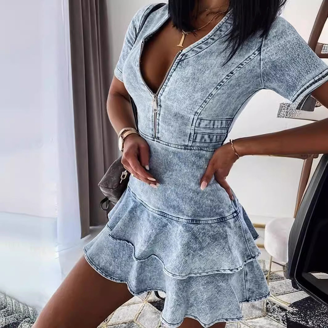 Damen Jeanskleid mit Rüschendetails und Reißverschluss EB