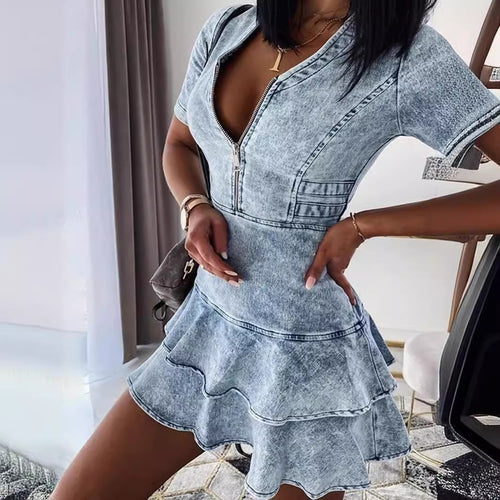 Damen Jeanskleid mit Rüschendetails und Reißverschluss EB