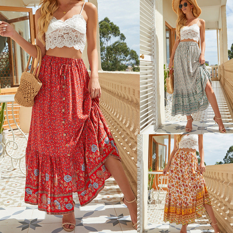 Damen Maxirock mit floralem Design und romantischem Volant EB