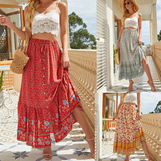 Damen Maxirock mit floralem Design und romantischem Volant EB