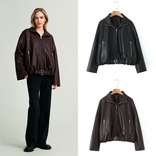 Damen Kunstlederjacke mit taillierbarem Gürtel und seitlichen Reißverschlusstaschen EB