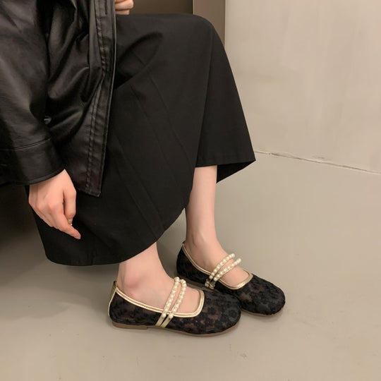 Damen elegante Ballerinas mit dekorativer Perlenapplikation und modischem Riemchen EB