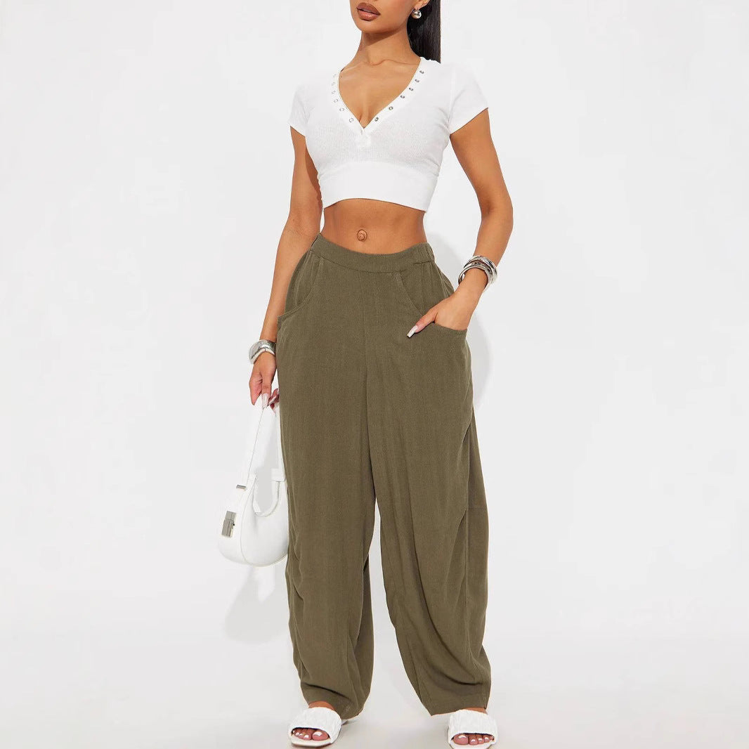 Damen Lässige Weite Stoffhosen mit praktischen Taschen EB