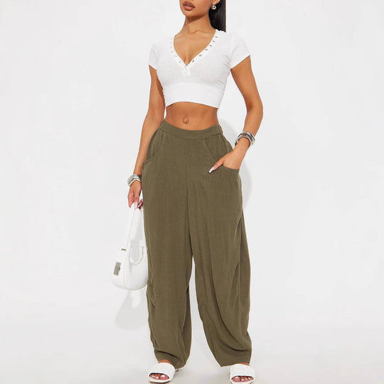 Damen Lässige Weite Stoffhosen mit praktischen Taschen EB